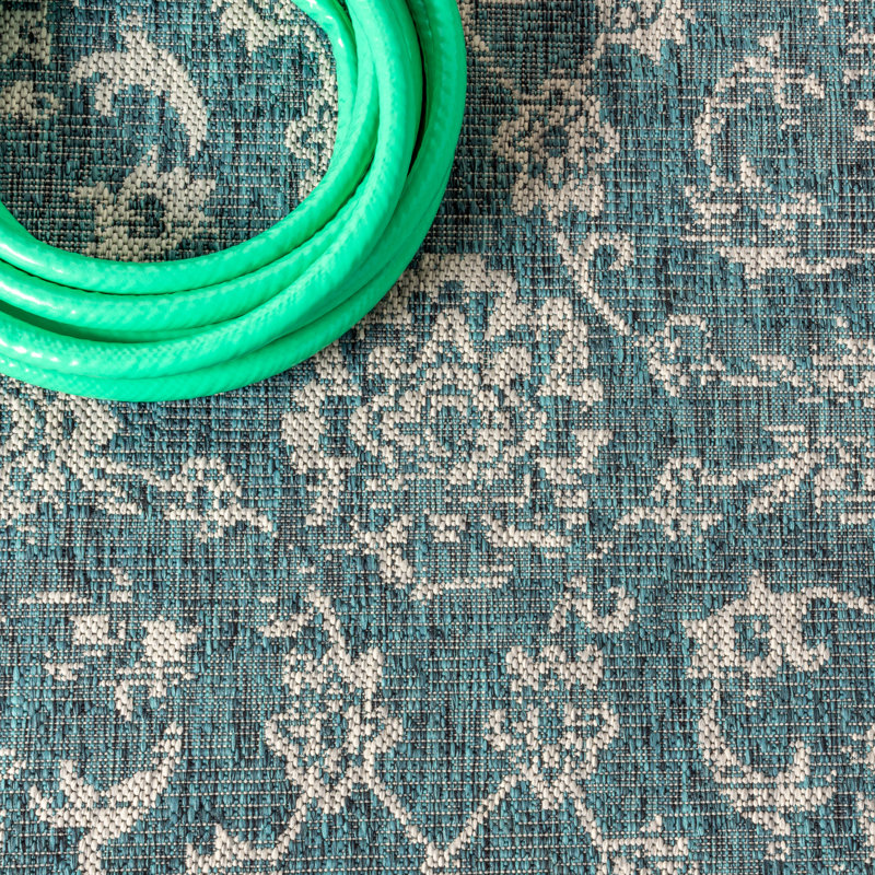 Leonora Bohemian Textured Weave Floral Teal/Gray Indoor/Outdoor Rug, Rectangle 9' x 12'