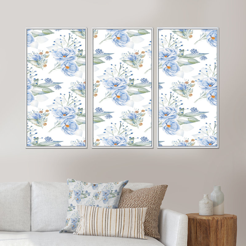 Fleurs de lin bleues - 3 pièces, reproduction sur toile, H 28 po x l 36 po x P 1 po, Cadre blanc