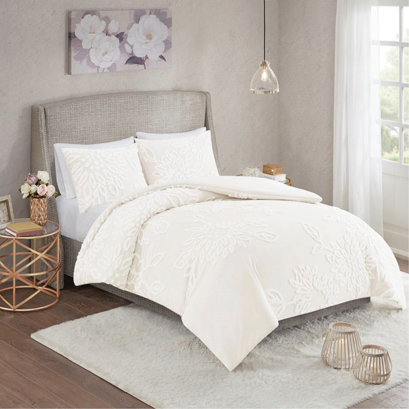 Ensemble de housse de couette en chenille de coton capitonné 3 pièces Cal King, pour ferme et décor, Blanc cassé