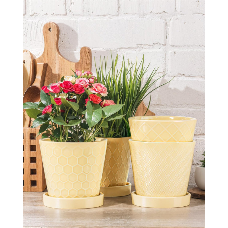 Ensemble de 4 pots à plantes jaunes en céramique 5 "avec drainage et plateaux