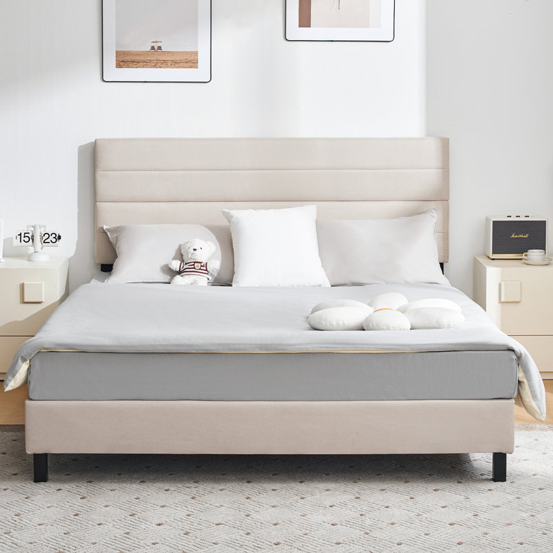 Yeudiel Upholstered Platform Bed, Beige, Queen