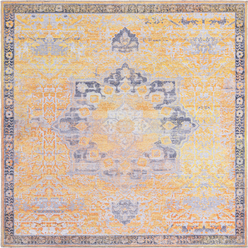 Tapis oriental bleu / jaune Hymel, Carré 5 pi 3 po x 5 pi 3 po