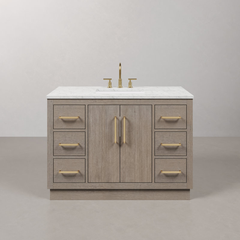 Hugo 48" Carrara White Marble Countertop Bath Vanity in Gray Oak with Faucet, Satin Gold