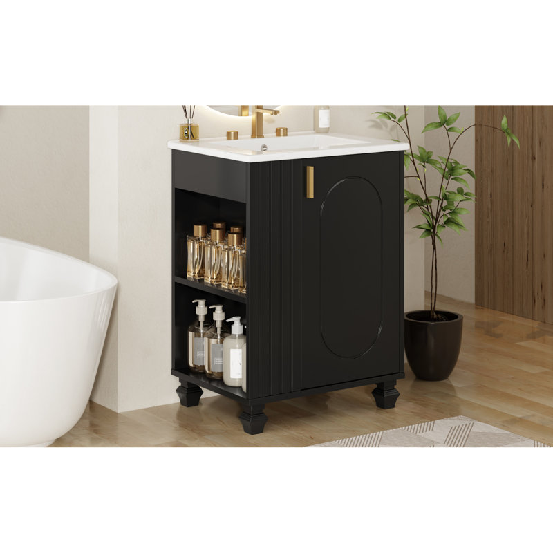 Meuble-lavabo classique de 24 po avec poignées en métal élégantes, charnières à fermeture en douceur, rangement sous le lavabo et trous de robinet pré-percés de style rétro avec une porte, 2 tablettes à niveaux, une structure ouverte en bois massif