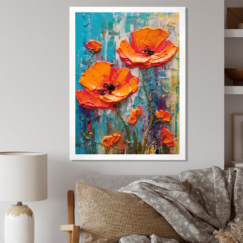 «Blossoming Red Poppes On Teal Sky I», reproduction sur toile, H 44 po x l 34 po x P 1,5 po, Cadre simple blanc