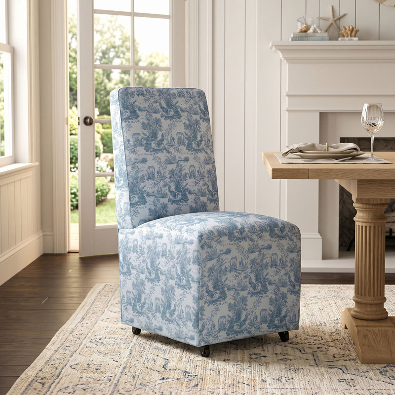 Chaise d'appoint rembourrée Colette avec roulettes, Toile de Jouy bleu clair et blanc