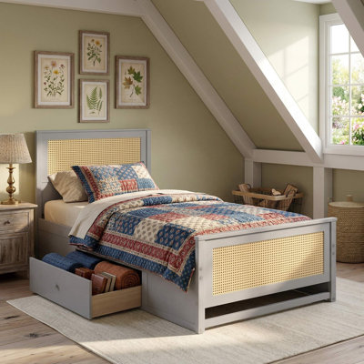 Twin Size Natural Rattan Platform Bed Frame, Spacious Pull-Out Storage Drawers, No Box Spring Required, Scratch-Resistant Sturdy Slat Support