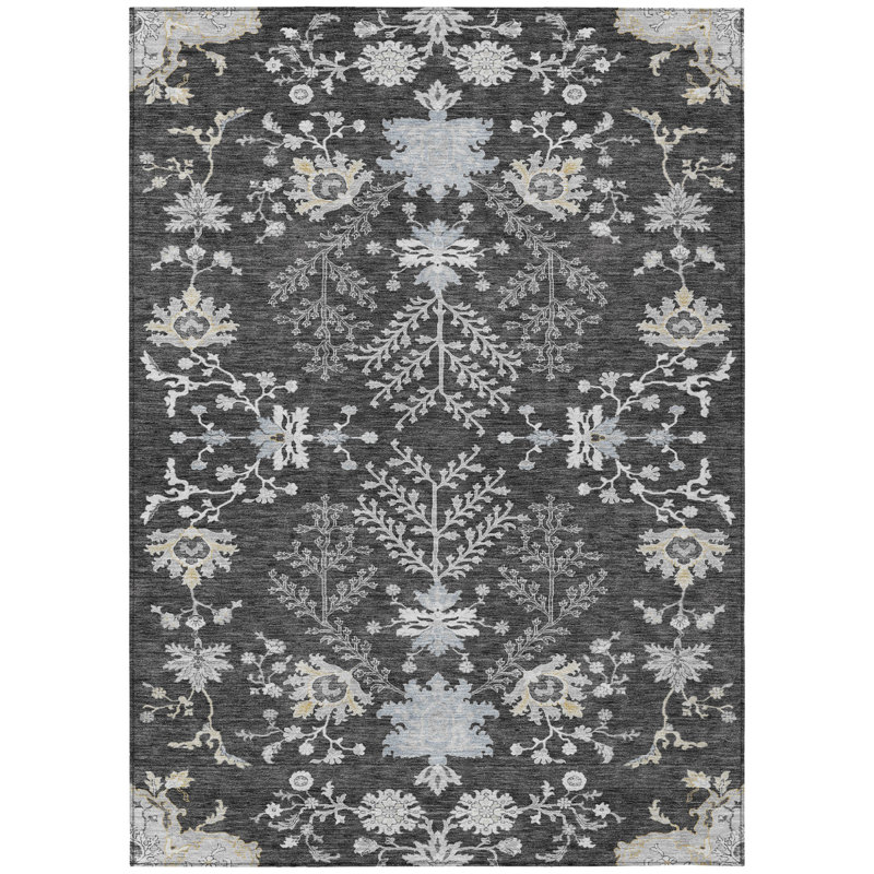 Tapis extérieur lavable floral gris anthracite et beige 3 pi x 5 pi