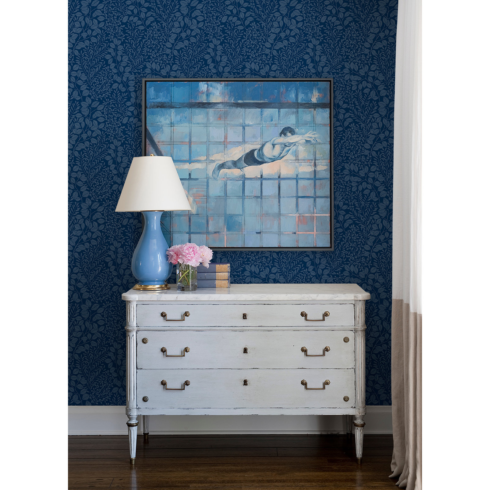 Adamina Flowers Wallpaper, Navy Blue