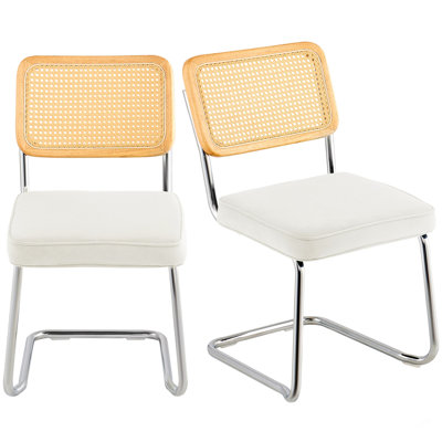 Ensemble de 2 chaises de salle à manger en rotin, chaise de salle à manger moderne Mid-Century, chaise d'appoint rembourrée en velours avec dossier en rotin, chaise de cuisine de salle à manger rétro pour salon, chambre à coucher, bureau