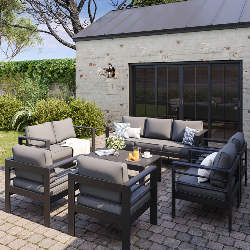 Braecona 9-Person Outdoor Seating Set With Cushions, Dark Gray Frame/Dark Gray Cushion