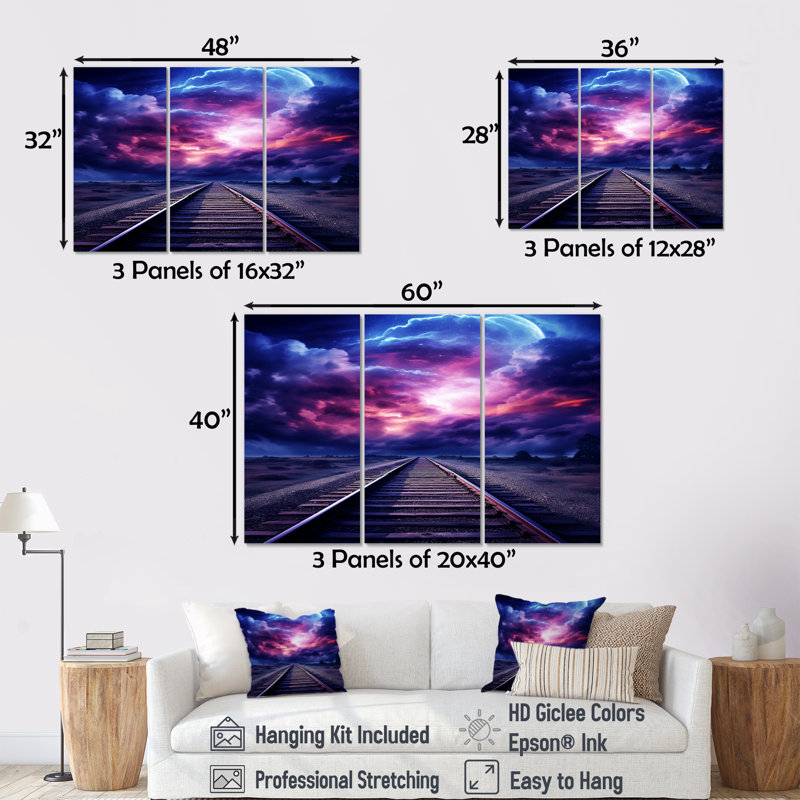 Lavande, train, rails, fuchsia, coucher de soleil I - ensemble d'art mural train, Toile tendue, H 40 po x l 60 po x P 1 po