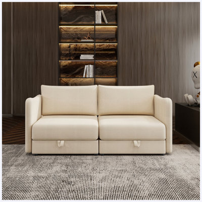 Canapé-lit modulable 2 places avec rangement intégré, revêtement en tissu, beige