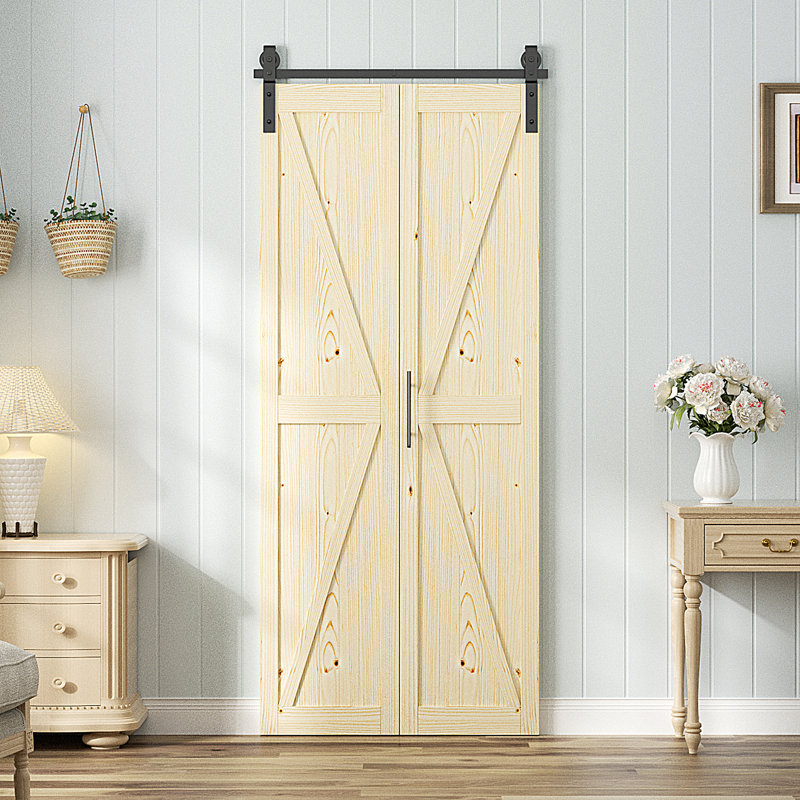 84" DIY Solid Pine Wood K-Style Folding Barn Door with Hardware Kit, 36" x 84", 2