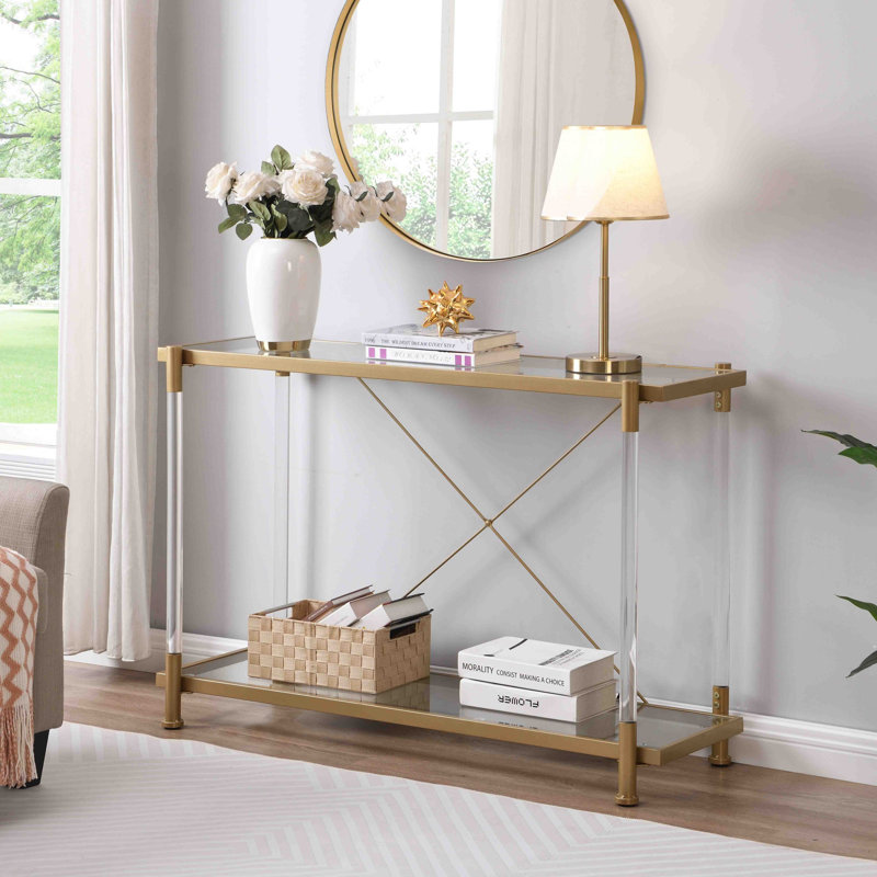 43'' Golden Glass and Metal Console Table with Storage
