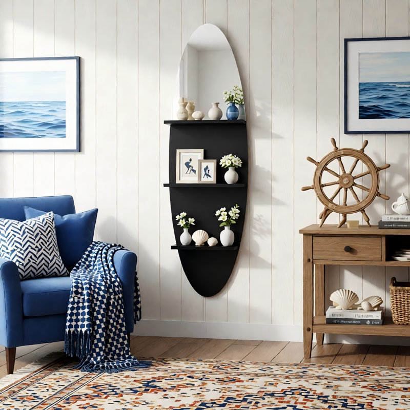 Oval Wall Shelf with Mirror, Black