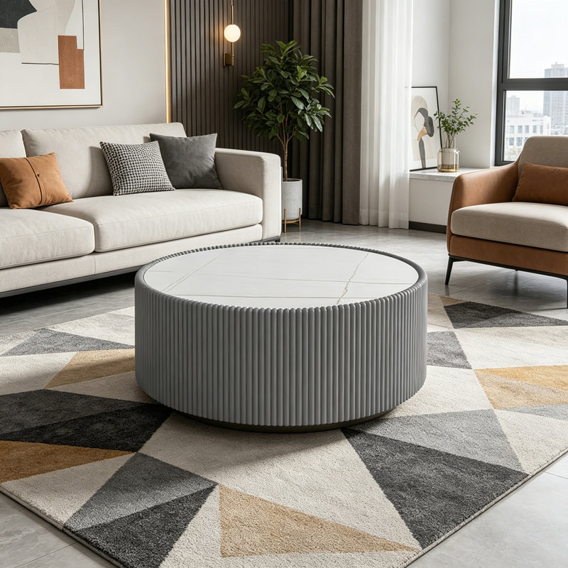 Table basse cylindrique avec base robuste, Gris, blanc et or