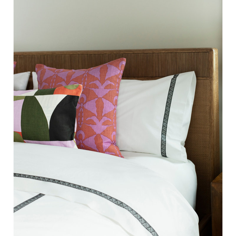 510 Thread Count Cotton Percale Sheet Set with Weave Embroidery in Palm, White/Black, California King Sheet Set