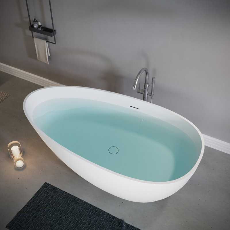 Luxury Freestanding Solid Surface Soaking Bathtub In Stone Resin, Matte White Shade Arrangement, Made For Contemporary Bathroom Auras, 59" Size Scope, Overflow And Pop - Up Drain, Good Heat