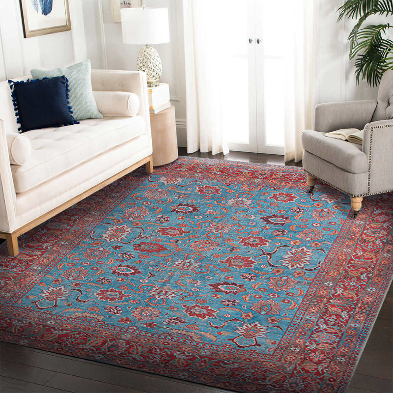 Tapis bourgogne décoratif bleu, Carré 5 pi