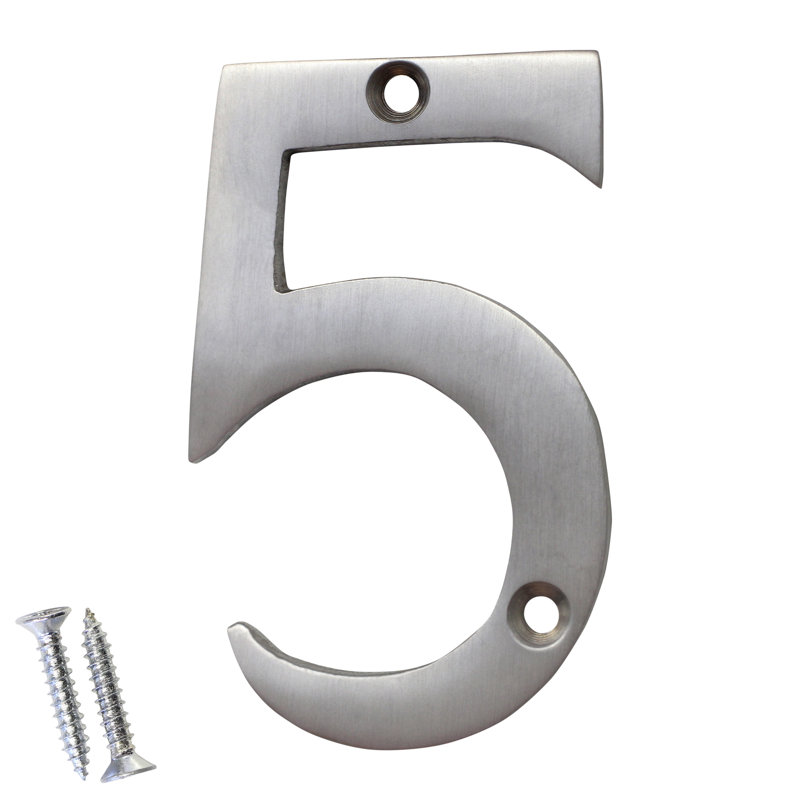 Numéro de maison laiton à fixation en surface, H 4 po, Chrome satiné, 5