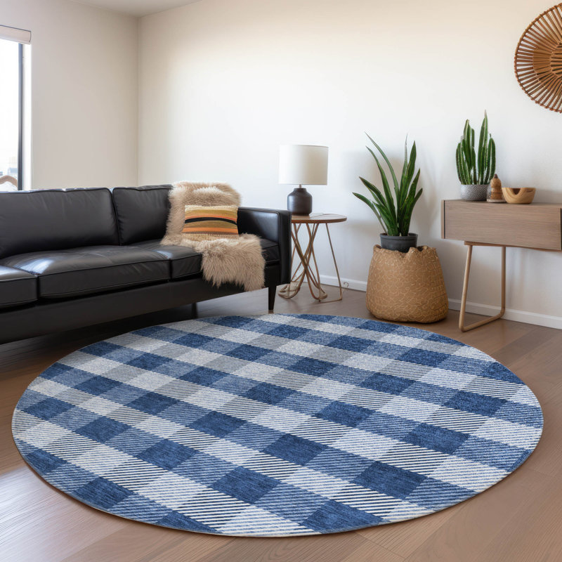 Premium Machine Washable Prisco Navy Rug, Round 8'