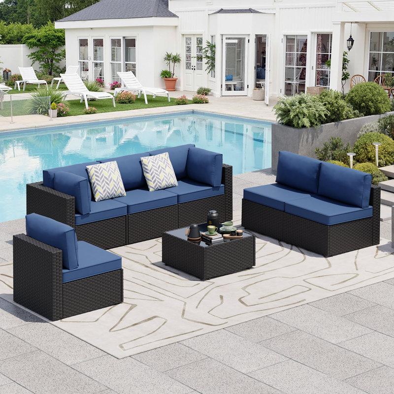  Distefano 7-Piece Outdoor Patio Seating Group with Cushions, Navy/Black