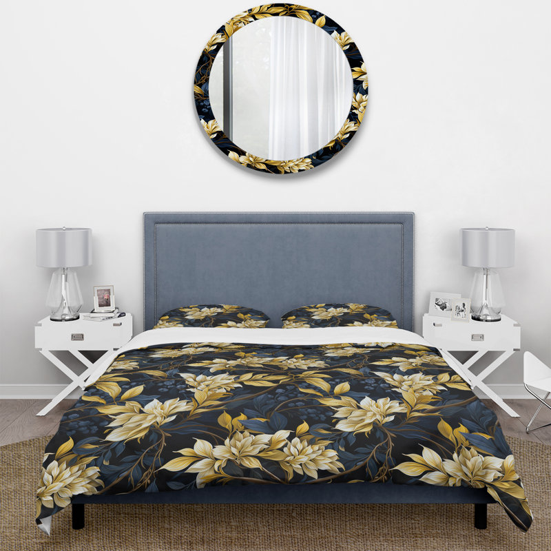 Yellow And Blue Tropical Plants Pattern II Polyester Floral Duvet Cover Set, King Duvet Cover + 2 King Shams