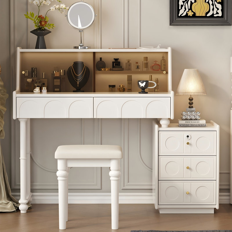39.37"Modern Minimalist Cream Style Solid Wood Dressing Table with Password Lock Side Cabinet, Mirror and Stool