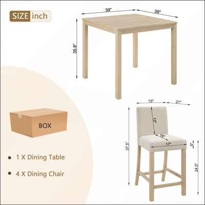 Ensemble de salle à manger 5 pièces à hauteur de comptoir avec 4 chaises, table en bois et sièges rembourrés pour espaces compacts, finition chêne clair