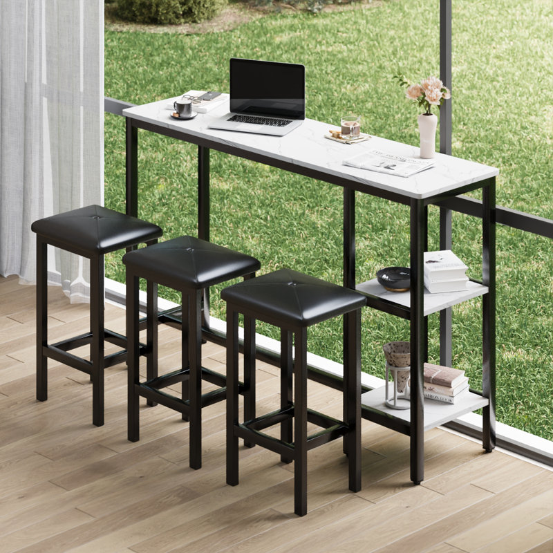 3-People Counter Heihgt Dining Set W/Storage, 4 Piece Kitchen Bar Table Set W/3 Upholstered Stools, White