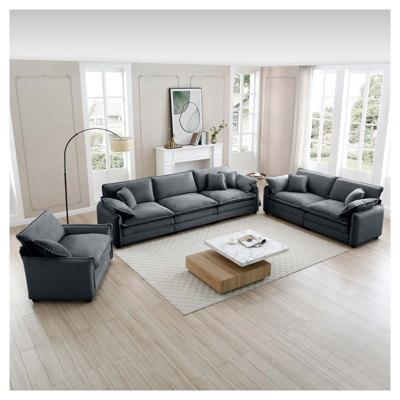 Ensemble de canapé modulaire surdimensionné 3 pièces en velours côtelé gris, siège profond 6 pièces