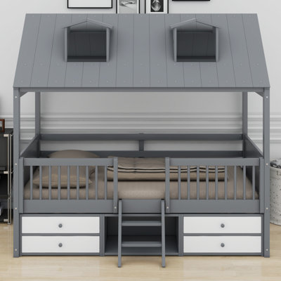Playhouse Tent Bed Frame With Full-Length Fence Roof,And 4 Storage Drawers And 2-Step Ladder