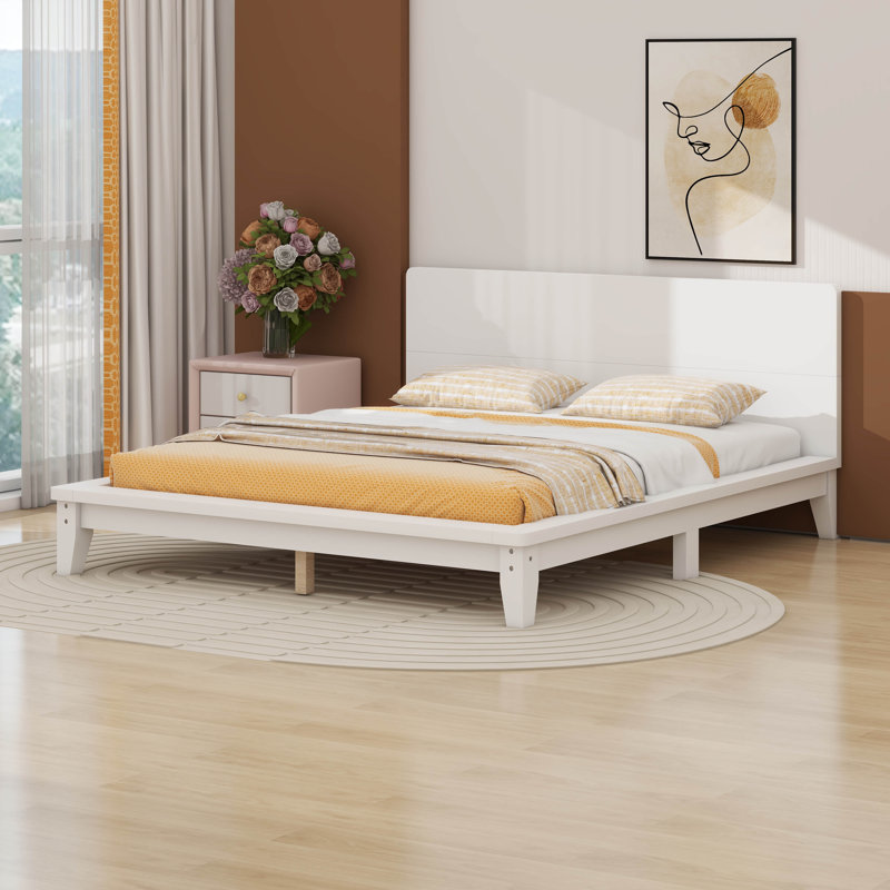Solid Wood Platform Bed Frame With Headboard, Queen, White