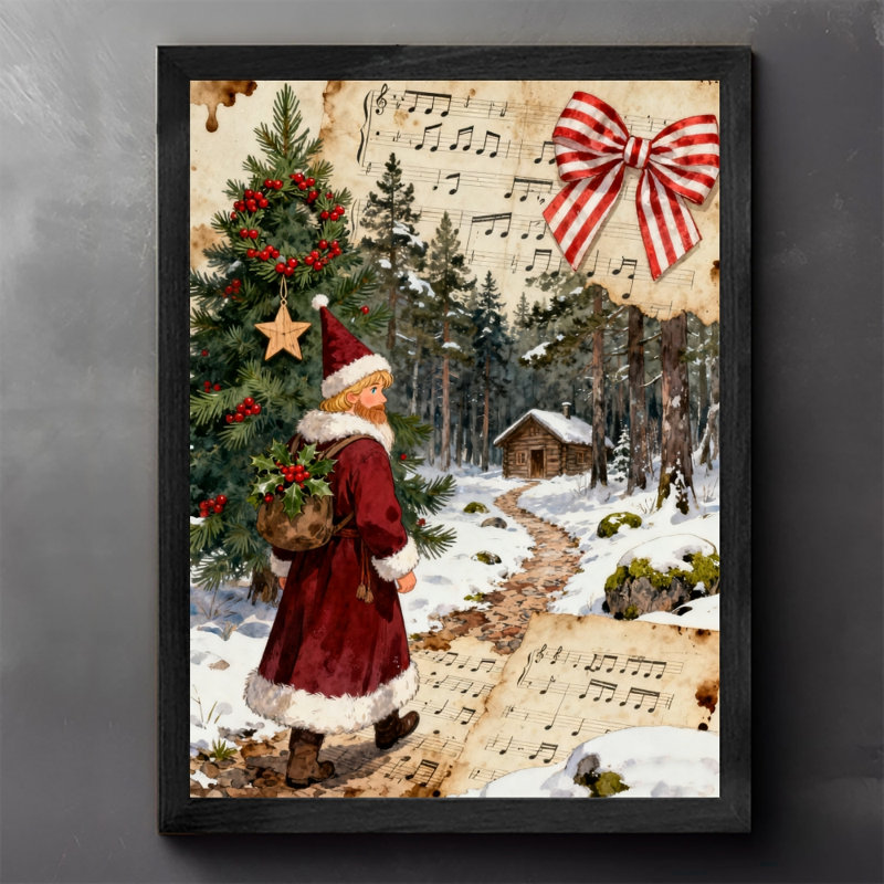 Art mural rétro noir avec père Noël et arbre de Noël, impressions de style rétro, H 25 po x l 17 po