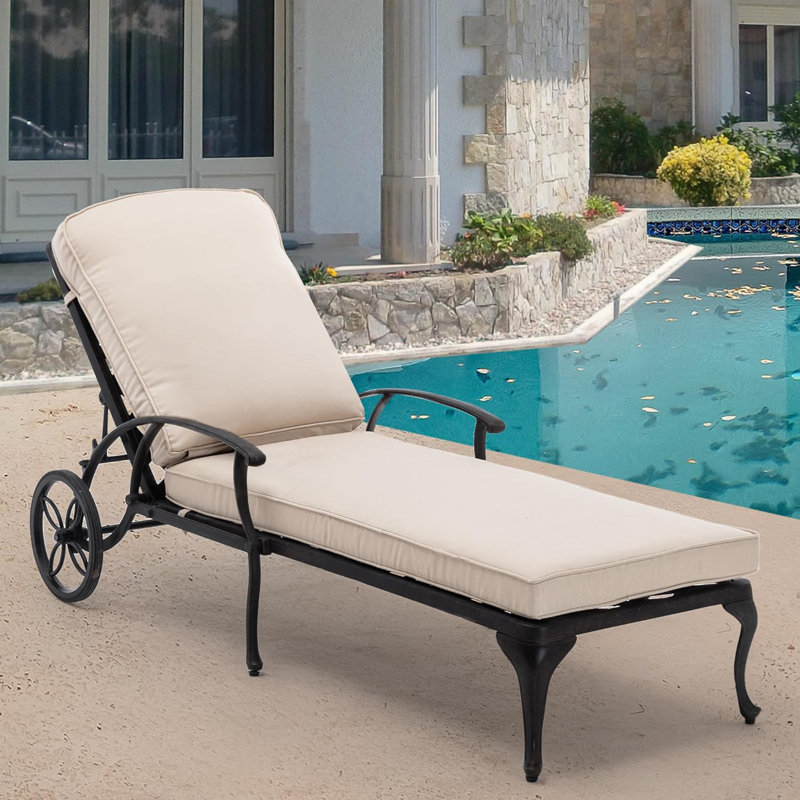 Outdoor Metal Chaise Lounge , Cushion Included, Beige