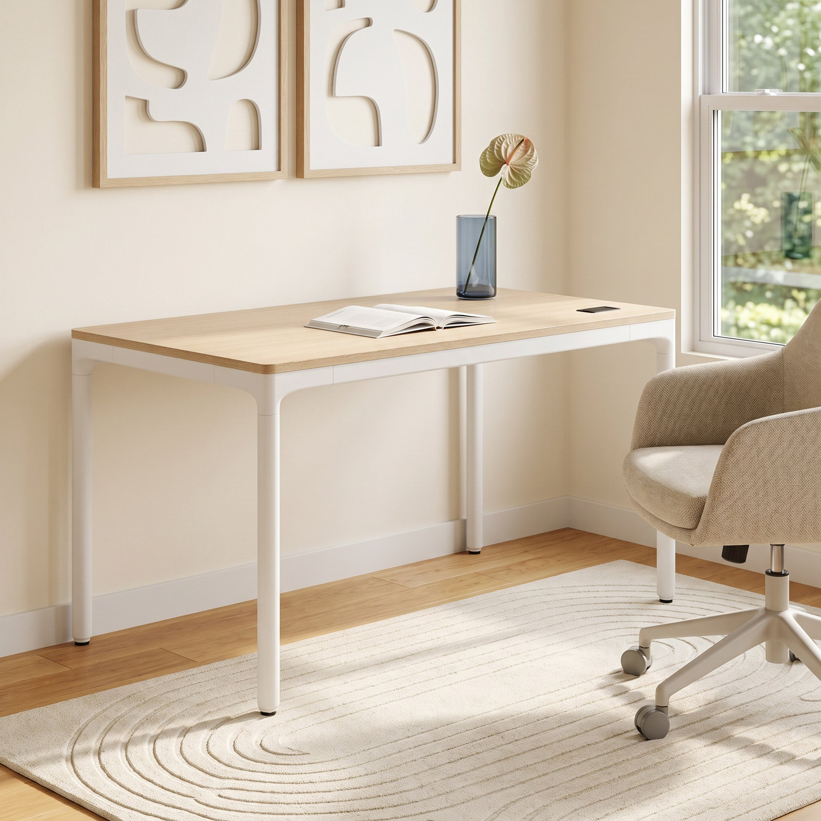 Standing Desk, 44.6" H x 48" W x 27" D, Woodgrain, White