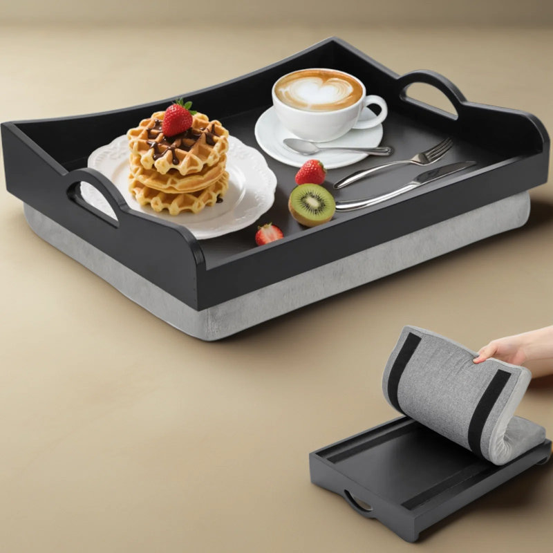 Plateau en bambou avec coussin amovible - plateau de service portatif avec poignée pour manger, lire ou travailler sur un canapé, un lit ou un fauteuil inclinable