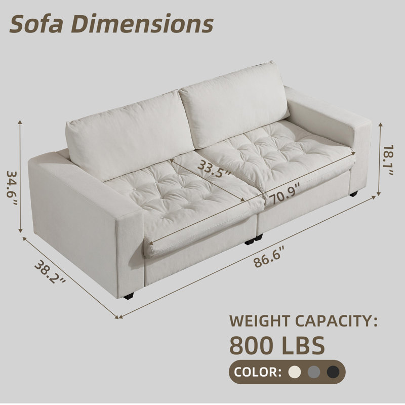 87" Modern Square Arm Upholstered Sofa with Hidden Storage Space, White