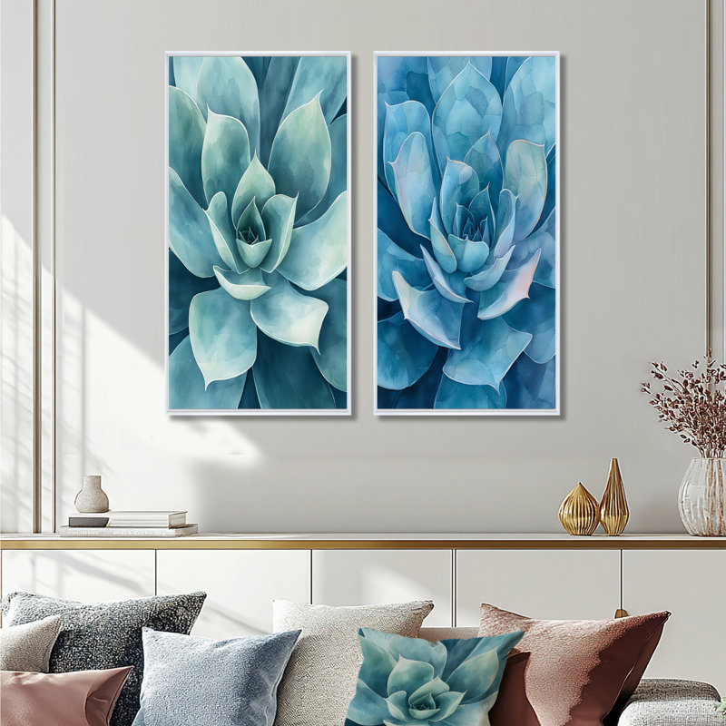 «Desert Succulent Leaves I» - art mural floral 2 panneaux, H 28 po x l 25 po, Cadre flottant blanc