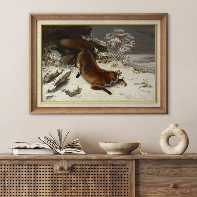 Renard chassant en hiver, œuvre d'art de paysage de chalet rustique, impression encadrée sur toile, estampe numérique.