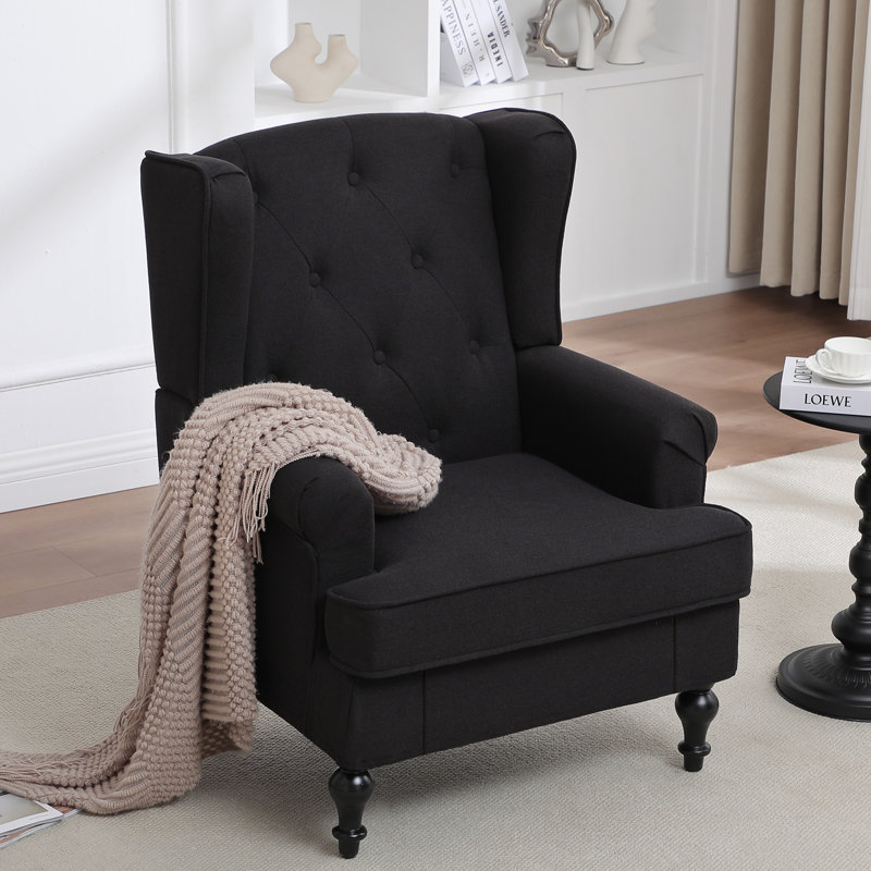 Upholsterd Wingback Armchair, Black Linen Blend