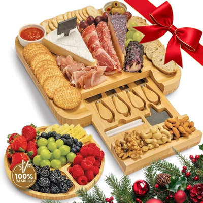 Ensemble de planches à charcuterie avec tiroir pour accessoires - planche de fromage en bambou véritable