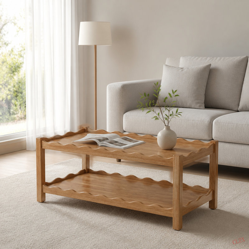 Table basse moderne à 2 niveaux pour meubles de salon, table centrale rectangulaire avec tablette de rangement ouverte, pieds en bois d'hévéa massif, stable et facile à assembler