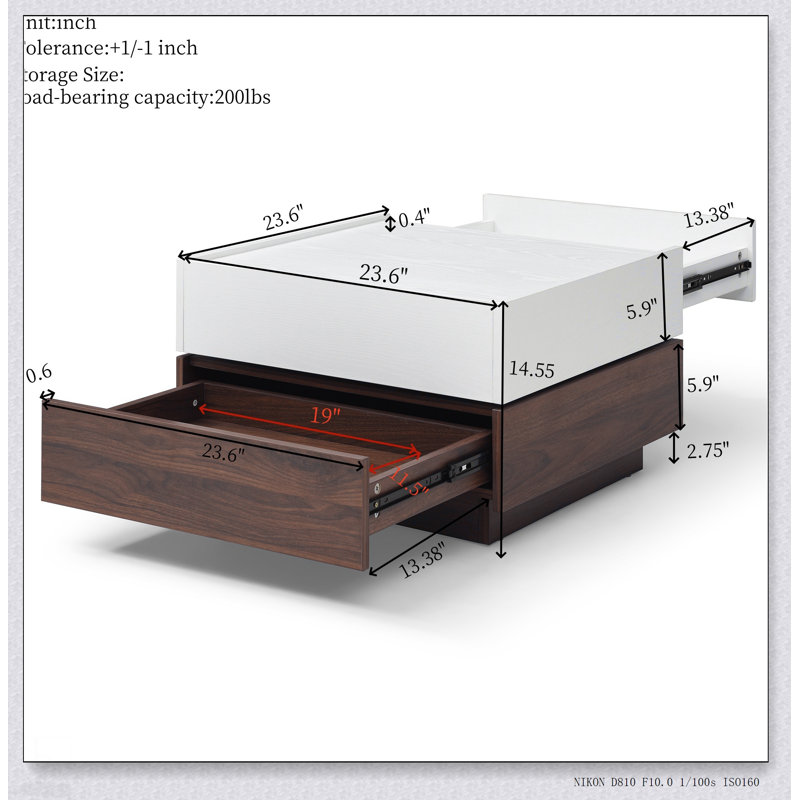 Table basse rotative à 2 tiroirs, table centrale à 2 niveaux en bois de haute qualité pour un rangement et une présentation élégants