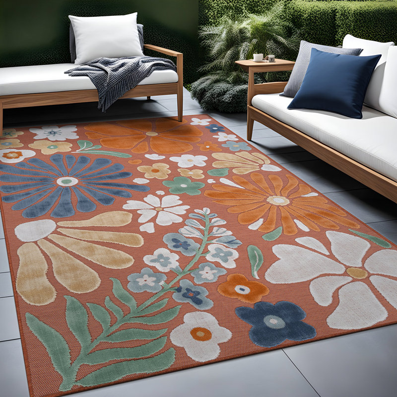 Tapis floral d'intérieur pour l'extérieur, Orange, Rectangle 4' x 6'