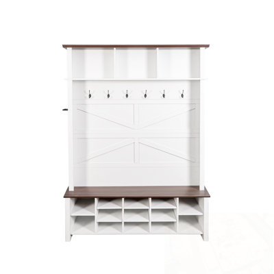 Hall Tree With 6 Hooks, Adjustable Shelves And 16 Open Compartments