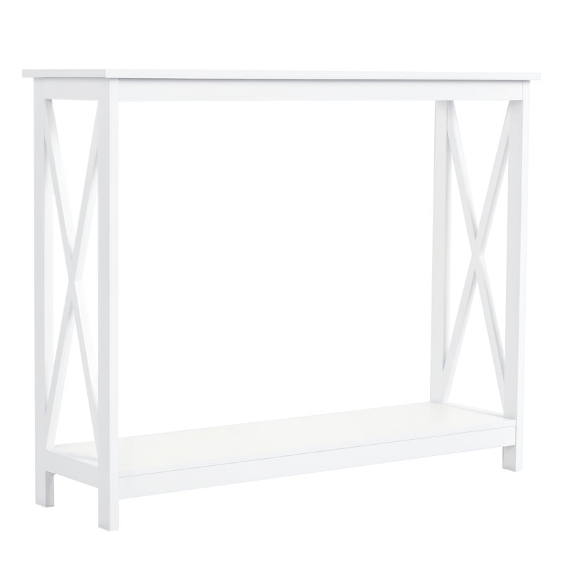 2-Tier Console Table, Sofa Side Table With Storage Shelf, X Design For Entryway, Living Room, And Hallway, White