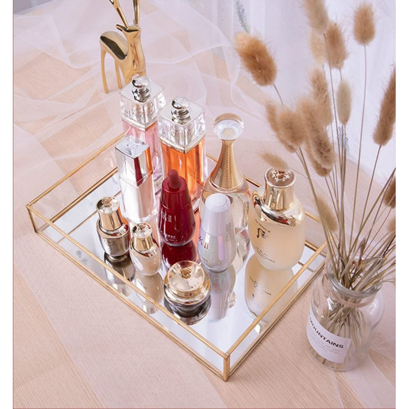 Rectangle Mirror Decorative Tray, Gold Can Hold Perfume, Jewelry, Cosmetics, Makeup, Magazine And More, For Vanity,Dresser,Bathroom,Bedroom(12”X8”)