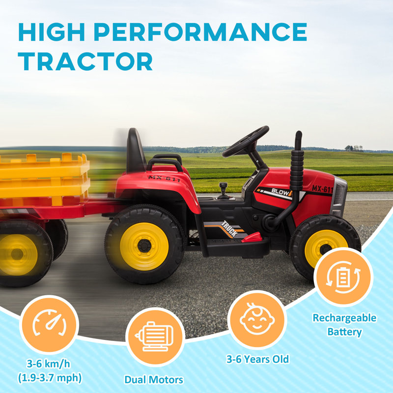 Red 12-Volt Ride-On Tractor with Trailer and LED Lights